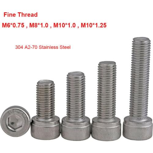 M6 M8 M10 DIN912 Fine Thread Hexagon Hex Socket Cap Head Screws 304 Stainless Steel Allen Bolts Pitch 0.75/1.0/1.25mm