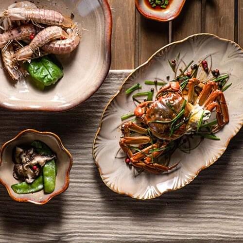 Harajuku Style Japanese Ceramic Dinner Plate Soup Plate Retro Irregular Bowl Plate Household Fish Plate Fruit Salad Bowl Plate