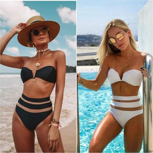 Women Swimsuit High Waist Bikini Push Up Deep V Mesh Bathing Suit Summer Beach Wear Women Swimwear Straplesss Swimsuit Female