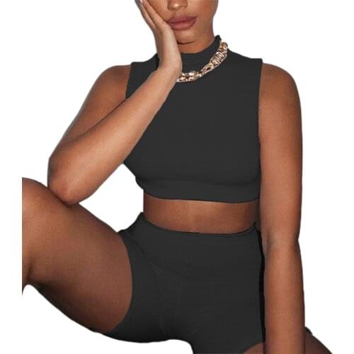 Womens Sports Two Piece Set Fashion Solid Color Exposed Navel Pullover Top and High Waist Tight Shorts Suit