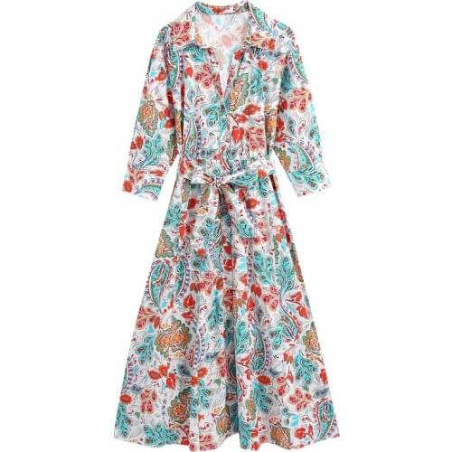 Evfer Women Fashion Flower Pirnt Summer Long Dress With Belt Nice Za Casual Turn-Down Collar Single Breasted High Waist Dresses