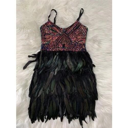 High Quality Summer New Black Sexy Spaghetti Strap V-Neck Sequins Feather Mini Bandage Dress Celebrity Designer Fashion Cocktail