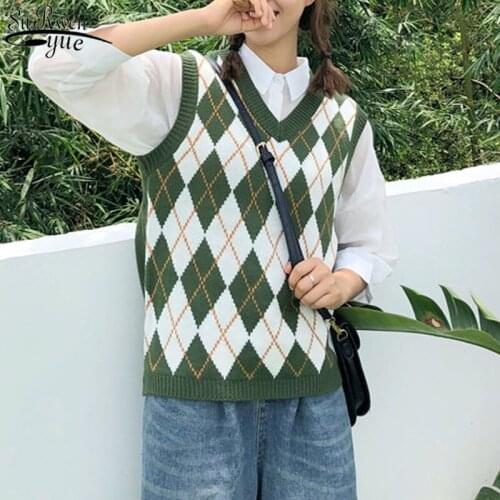 New Spring Autumn Casual Loose Sweater Vest Women Pullover Argyle Sweater Vest Sweet Sleeveless Plaid Knitted Vests Female 11832