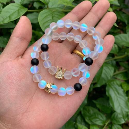 2pcs/set king queen CZ crown Moonstone stone women bracelet stacks matte Crystal beads Bracelets for women jewelry accessories