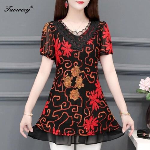 2020 New Arrival Fashion summer short sleeve Slim floral long Shirt Female Casual Slim Color Plus Size elegant Printed Blouse