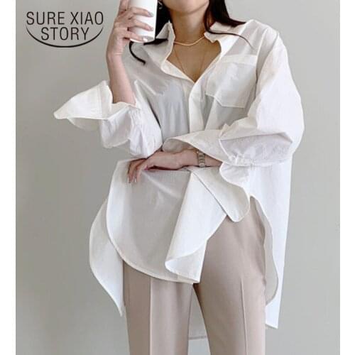 2020 Autumn New Simple Solid OL Long Sleeve Blouse Korean Chic Fashion Loose Back Split Bell Sleeve Shirt Chemisier Femme 10295