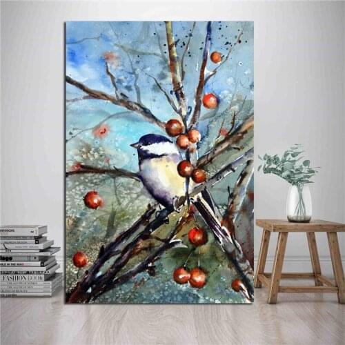 Chickadee And Berries Watercolor Minimalist Canvas Painting Print Bedroom Home Decor Modern Wall Art Oil Painting Poster Artwork