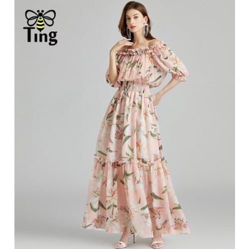 Tingfly Designer Runway Vogue Elegant Lily Flower Pink Party Dresses Floral Chiffon Flowy Slash Collar Summer Elbise Robes Zaful
