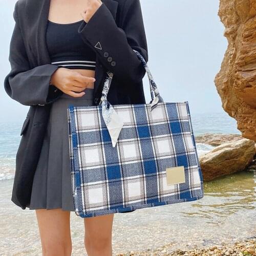 Elegant Canvas Totes Women Luxury Brand Casual Tote Bag Plaid Big Capacity Handbag Female Shopping Shoulder Crossbody Bag Purse