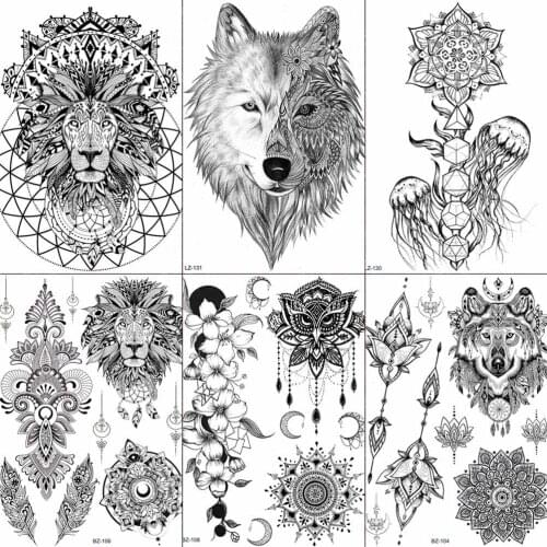 FANRUI Wolf Lion Black Henna Temporary Tattoo Sticker Jellyfish Owl Mehndi Tattoo Waterproof Body Art Arm Waist Tatoo For Women