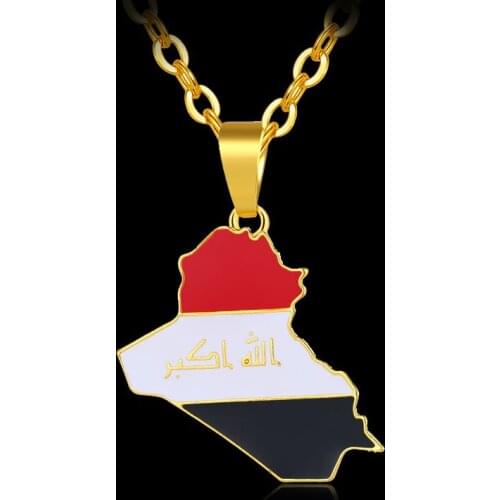 World Map Iraq Map Flag Pendant Necklace Student Couple Stainless Steel Gold Necklac Chain Women Necklace Men Jewelry