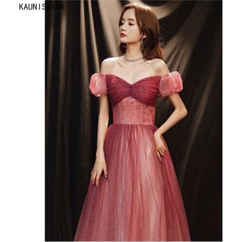 KAUNISSINA Sparkly Evening Dresses Gradient Long Party Gown Vestidos Women Off the Shoulder A-Line Sexy Tulle Formal Dress