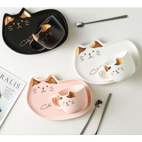 Ceramic Coffee Cup With Saucer Spoon Set Creative Cute Cartoon Cat Tea Cup Breakfast Milk Coffee Mug Bread Dessert Dish Gift