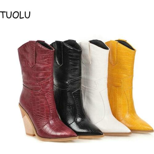 Leather Women Boots Western Cowboy ankle High Boots Chunky High Heels Motorcycle Boots Red Black Yellow White