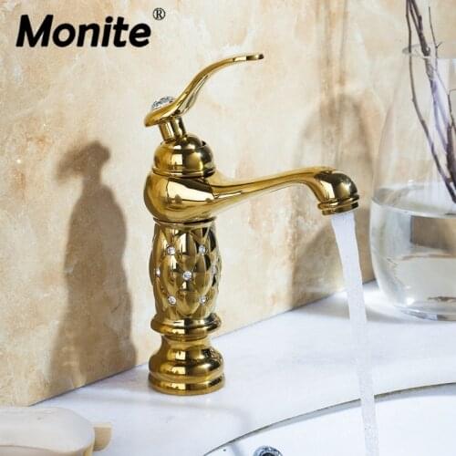 Monite Luxury Golden Plated Bathroom Faucet Wash Basin Diamond Polish Faucet Deck Mounted 12 Choices Basin Sink Faucet Mixer Tap