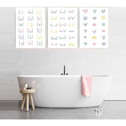 Funny Bathroom Colorful Body Butt Boobs Wall Art Canvas Painting Poster and Print Naked Minimalist Line Pictures for Living Room