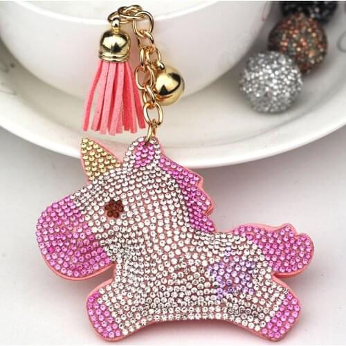 New Arrival Rhinestone Horse Unicorn Keyrings Tassel Beads Keychain Pendant Bag Charms Handbag Accessories Purse Ornament