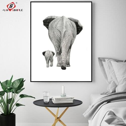 Simple Animals Print The Back of Baby Elephent and Dad Poster Waterproof Ink Canvas Painting Decor for Home Unframed