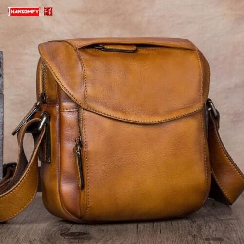 Mens Bag Small Men Shoulder Messenger Bags First Layer Cowhide Retro Casual Handmade Genuine Leather Vintage Soft Color Block