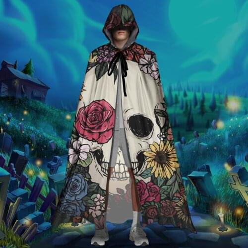 Vintage Floral Suagr Skull Print Halloween Hooded Cloak Unisex Full Length Vampire Witch Cosplay Gothic Costumes Hood Robes Cape