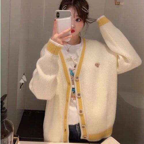Knitted Cardigan Women V-Neck Striped Cartoon Embroidery Kawaii Harajuku Lovely Sweet Korean All-Match Student Sweater Coat Z700