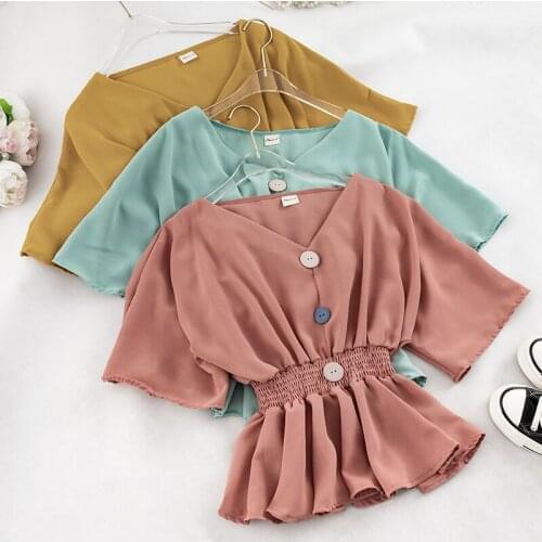 2020 Women Summer V-Neck Flare Sleeve Button Ruffles Basic Shirt Vintage Lady Short Elastic Waist Slim Crop Pullover Blouse Tops
