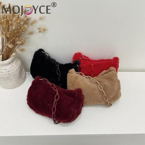 Retro Women Soft Plush Shoulder Underarm Bag with Acrylic Chain Handle Casual Solid Color Autumn Winter Zipper Small Handbags
