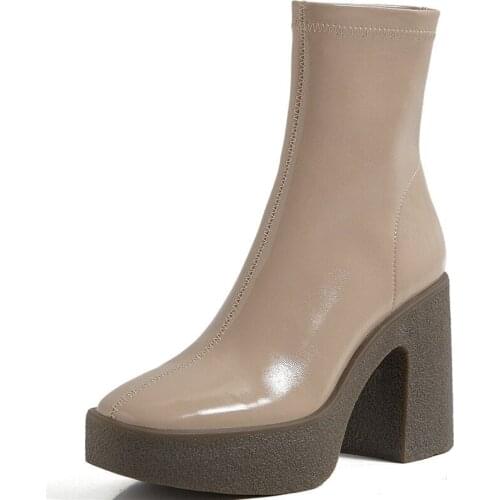 Women Elegant Leather Ankle Boots 2020 Autumn Winter Platform Chunky High Heels Basic Work Shoes Woman Chunky Heel Ankle Boots