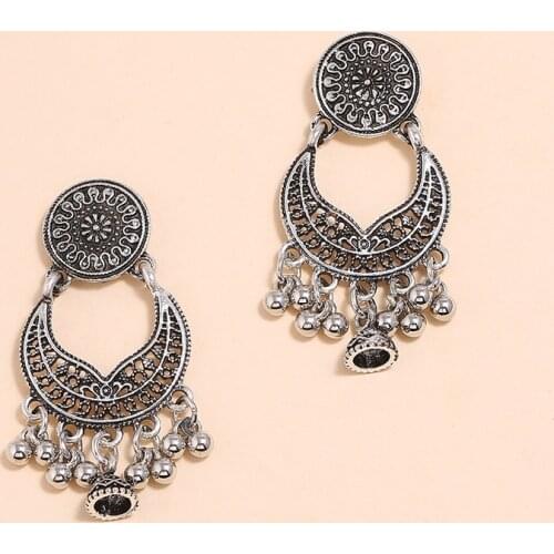 Afghan Vintage Silver Color Drop Earrings for Women Carved Flower Bells Tassel Earring Statement Indian Jhumka Tribal Jewelry