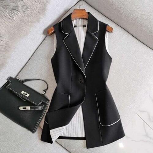 2021 Spring Autumn Women Vintage Long Blazer Vest Chic Single Button Sleeveless Suit Female Jacket Outwear Waistcoat Tops