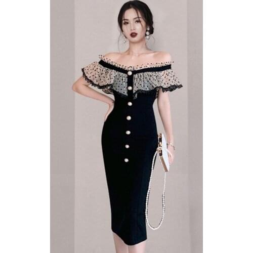 2021 Korea Summer Fashion Sexy Dot Mesh Ruffles Slash Neck Bodycon Single-Breasted Office OL Pencil Dress Vestido Feminino