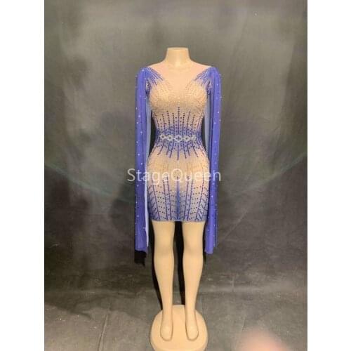 2019 Fashion Blue Long Sleeves Perspective Mesh Dress Women Celebrate See Through Dress Sexy Skinny Costume Dance Short Dress