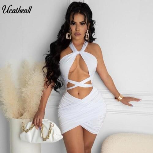 Sleeveless Bodycon Short Dress Women Sexy Clubwear Ruched Mini Halter Dress Birthday Outfit Women Skinny Female Party Dress