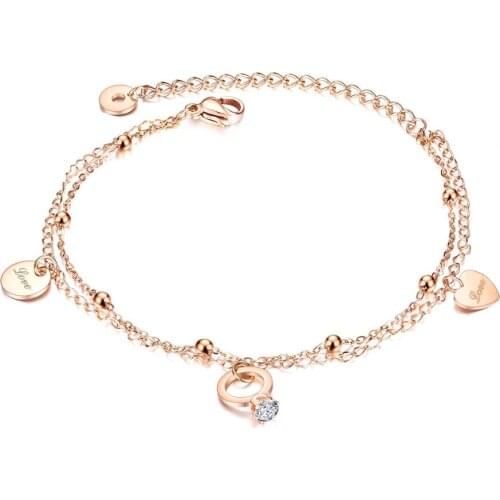 Rose gold Double layer stainless steel Zircon anklets for women fashion sexy summer beach leg bracelet accessories jewelry gifts