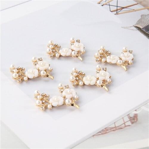 Julie Wang 2PCS Alloy Branch Charms With Rhinestone Flowers Fake Pearl Pendant Brooch Hairpin Jewelry Making Accessory