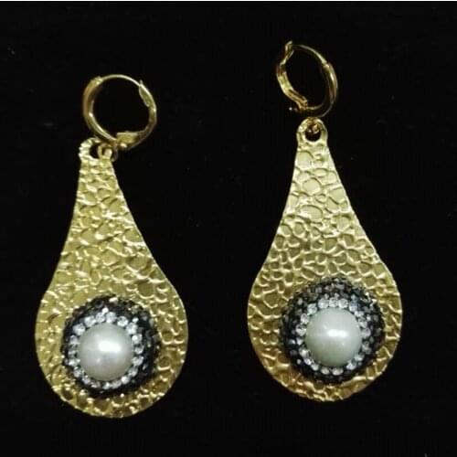 Water drop golden copper alloy metal base natural white pearl jewelry charms rhinestone dangle earrings for women girl 2020 gift