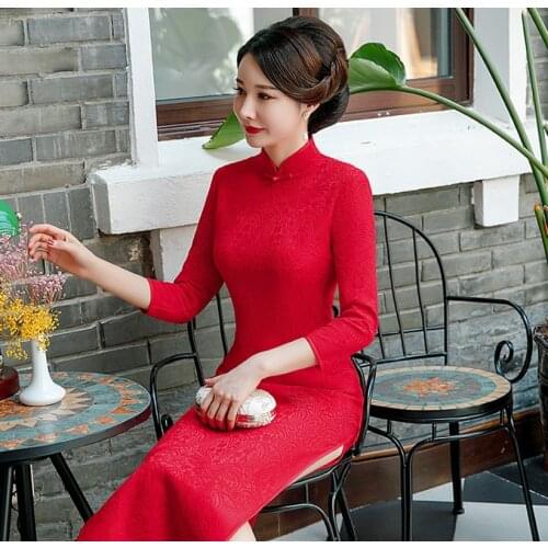Chinese Style Women cheongsam seven-point sleeve Long section new mothers autumn clothing wedding Lace temperament Qipao dress