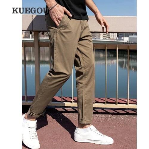 KUEGOU 2021 Autumn Cotton Solid Khaki Casual Pants Men Long Classic Pockets For Male Wear Slim Work Brand Straight Trousers 3023