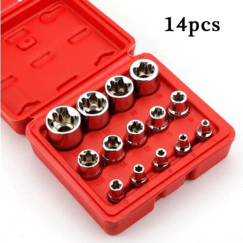 14pcs/Set 1/2" 3/8" 1/4" E-Torx Star Female Bit Socket Set Drive E4 - E24 E-Socket Nuts Set Repair Hand Tools Torque Socket Set