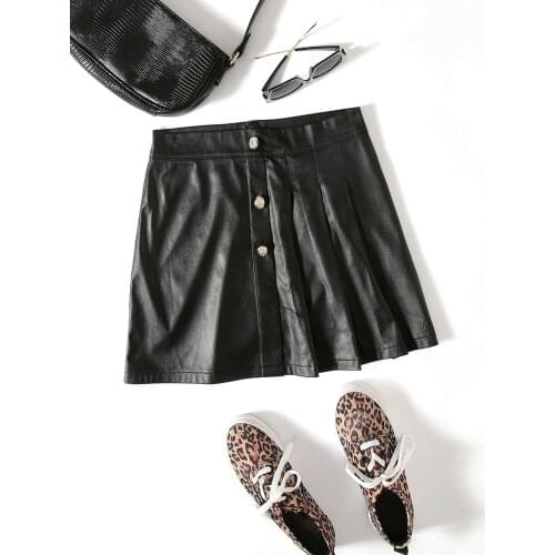 2020 new leather high waisted button with womens short casual Mini