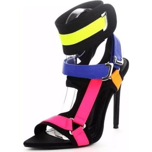 Newest Mixed Color Buckle Strap Women Sandals Stiletto Heels Metal Buckle Decoration Ladies Sandals Pink Yellow Blue Color Block
