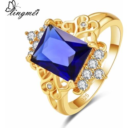 Lingmei Wedding Band Women Blue & Red Zircon Silver Color Yellow GoldRing Size 6-9 Cocktail Party Anniversary Gifts Jewelry