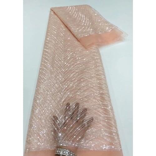 Lovely Elegant Ligh Peach Color Net with Sequins Frenchl for Party Dress Material 2021 Nice Wedding Tulle Lace Fabric T146
