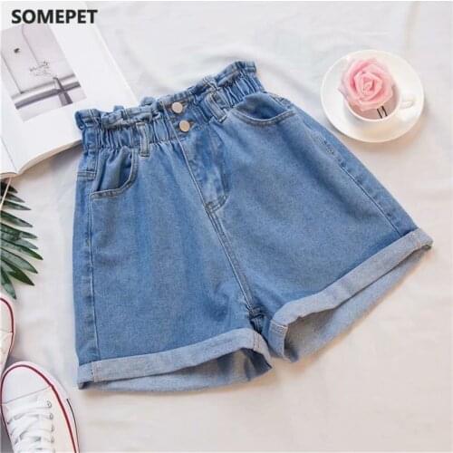 Plus Size High Waist Womens Denim Shorts Elastic Ruffle Girls Jeans Short 2021 Summer Solid Pockets Sweet Lady Female Bottoms