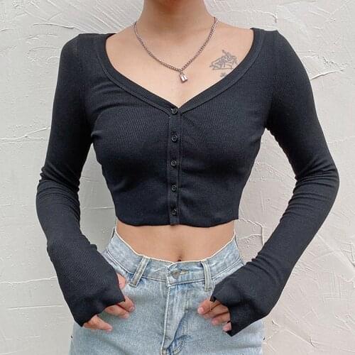 Sexy Slim Crop Tops Spring Summer Long Sleeve Women Tee Shirt Casual V-Neck Sexy Knitted Short Tops And Tees Female T-Shirts