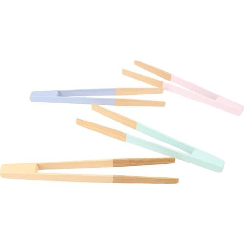 Blue Yellow Bamboo Cooking Kitchen Tongs Food BBQ Tool Salad Bacon Steak Bread Cake Wooden Clip Home Kitchen Utensil