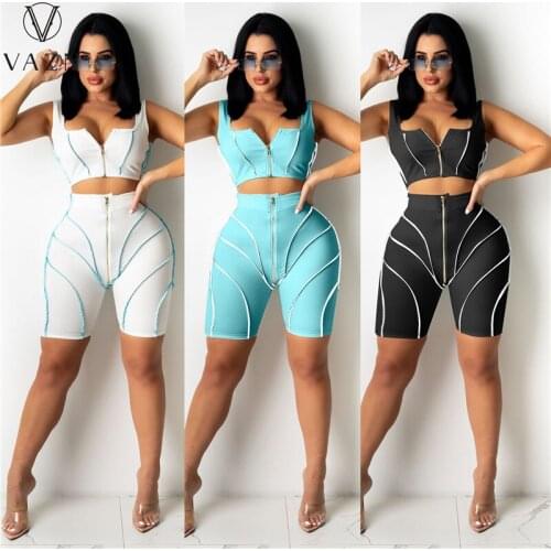 VAZN 2021 Striped Print Summer Bandage V-Neck Sleeveless Elegant Street Clothing Suits 2 Piece Set Women Top And Pant