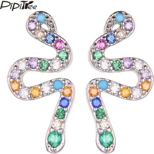 Pipitree Fashion Snake Earrings for Women Lady Multicolor Cubic Zirconia Crystal Stud Earrings Costume Ear Studs Jewelry