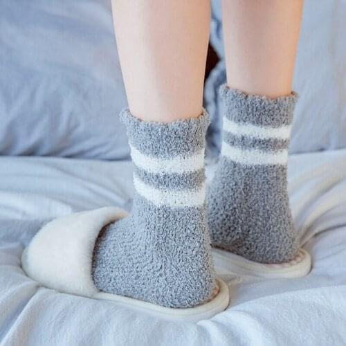 Women Winter Coral Velvet Fuzzy Slipper Socks Solid Color Double Striped Thicken Fluffy Cozy Warm Floor Sleeping Hosiery