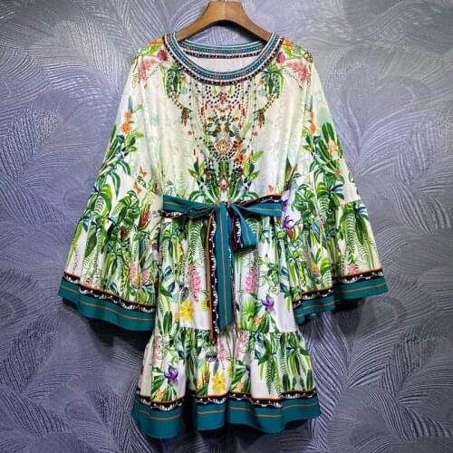 Seifrmann Women Summer Fashion Designer Party Midi Dress Bow Sashes Ruffles Crystal Beading Loose Ladies A-Line Dress vestidos